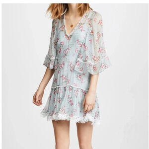 TALULAH Womens Light-Blue Floral White-Lace KNOWING V-Neck Mini Dress size xs